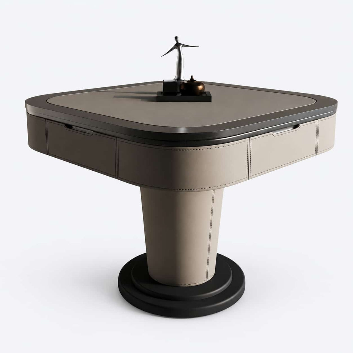 AURAJONG S1 automatic American Mahjong table in gray faux leather and solid wood with a dark play surface.