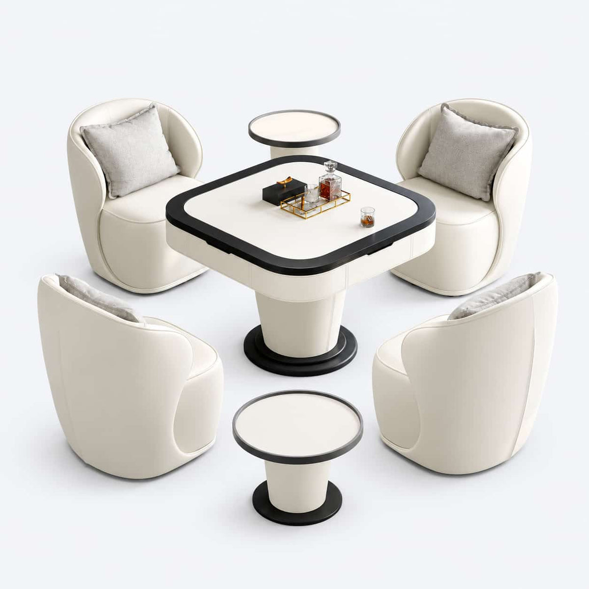AURAJONG S1 ivory faux leather Mahjong table set with four upholstered chairs and two matching side tables.