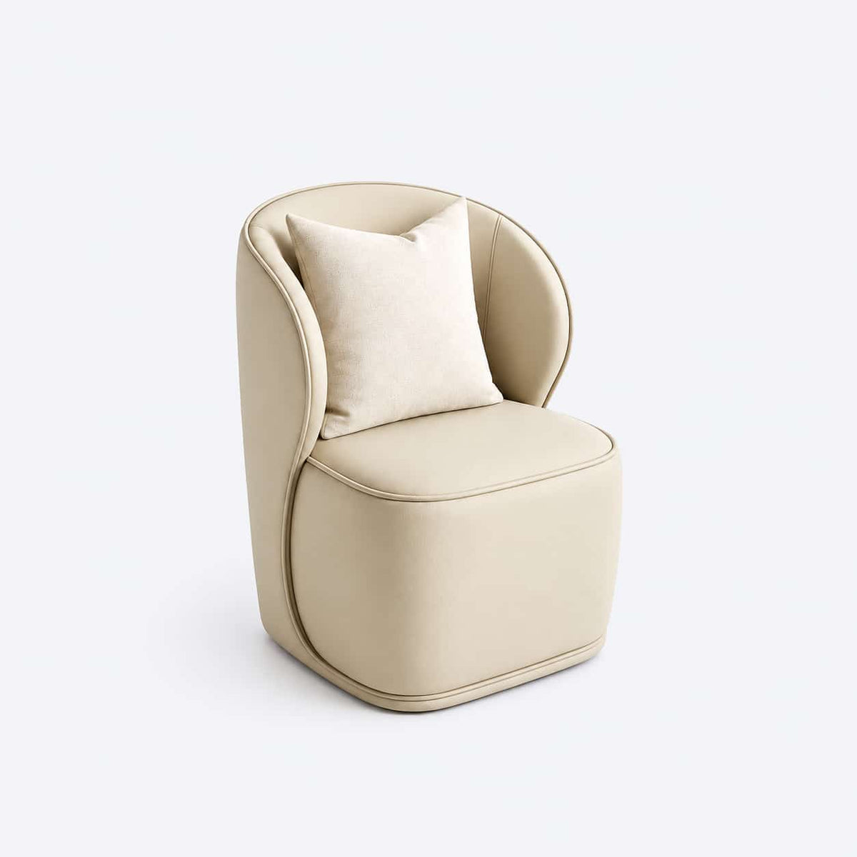 AURAJONG S1 ivory faux leather-upholstered chair with curved wraparound back and matching cushion.