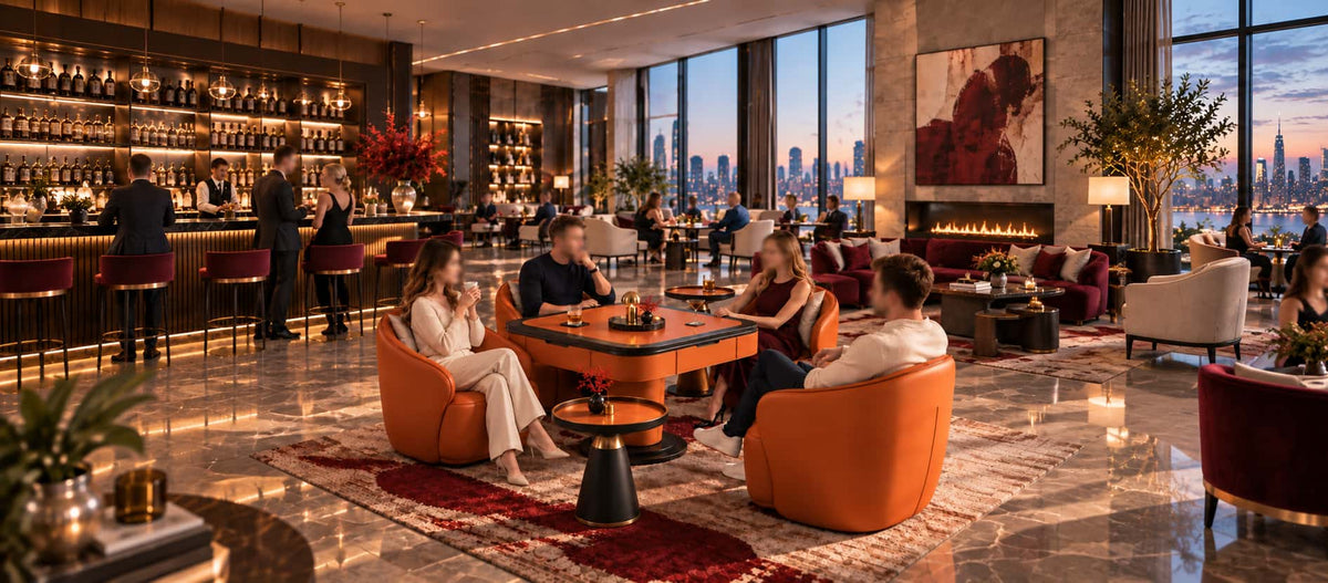 AURAJONG S1 luxury automatic American Mahjong table with four orange lounge chairs in an upscale private club with burgundy accents.