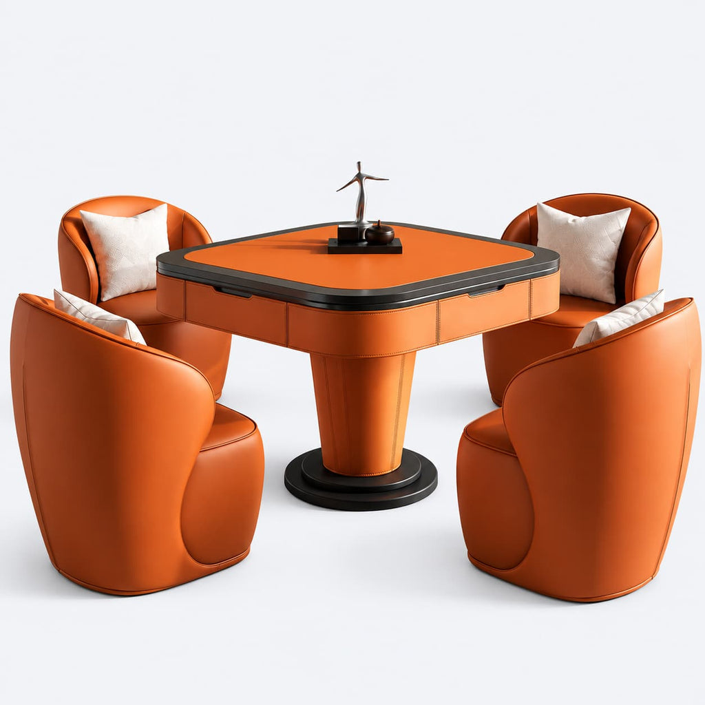 AURAJONG S1 orange faux leather automatic Mahjong table with four matching upholstered chairs.