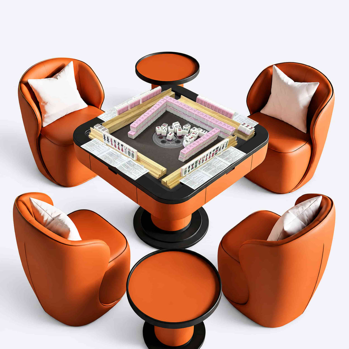 AURAJONG S1 automatic American Mahjong table shown with tiles, racks, NMJL cards, four orange faux leather chairs, and side tables.
