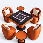 AURAJONG S1 orange faux leather American Mahjong table with four matching chairs, side tables, and pink Mahjong tiles.