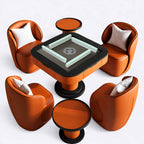 AURAJONG S1 automatic Mahjong table with four faux orange leather chairs, matching side tables, and raised Mahjong tiles.