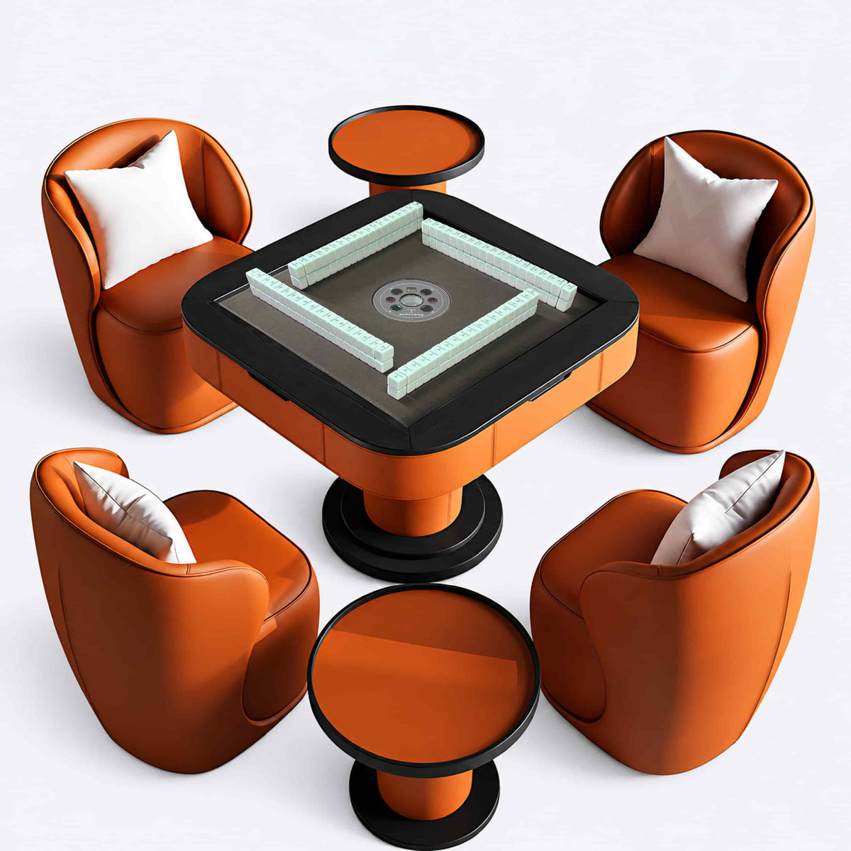 AURAJONG S1 automatic Mahjong table with four faux orange leather chairs, matching side tables, and raised Mahjong tiles.