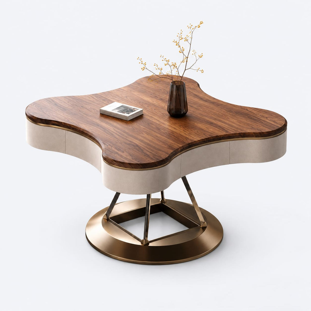 AURAJONG S2 automatic mahjong table in North American black walnut and cream white top-grain leather with a brass-tone stainless steel and clear acrylic base.