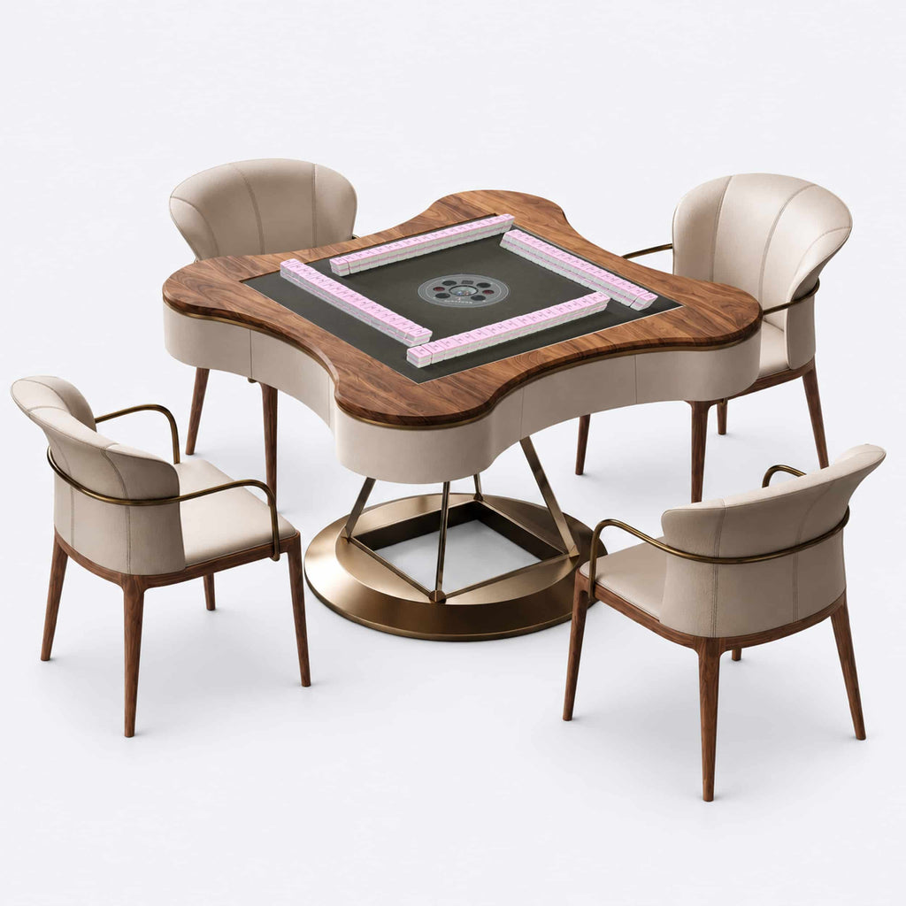 AURAJONG S2 automatic American Mahjong table with four cream white chairs, gray play surface, pink Mahjong tiles, North American black walnut frame, and a brass-tone stainless steel and clear acrylic base.