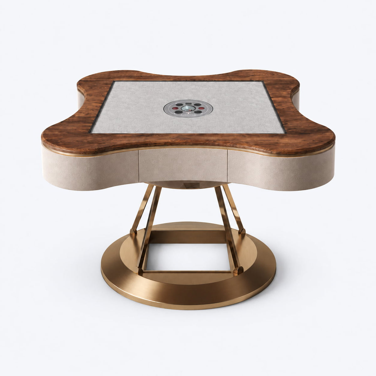 AURAJONG S2 automatic American Mahjong table with a North American black walnut dining cover, cream white top-grain leather body, and a base combining brass-tone stainless steel and clear acrylic.