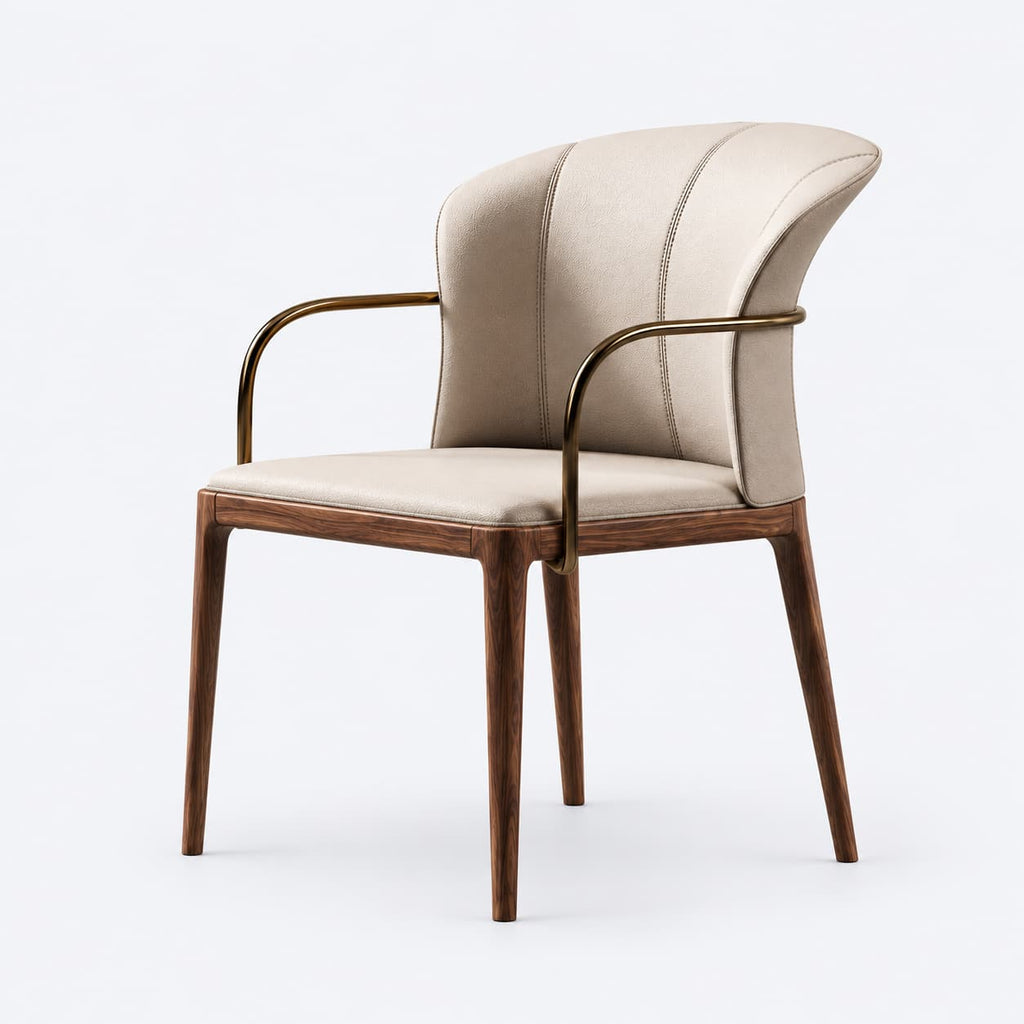 AURAJONG S2 matching chair with cream white top-grain leather upholstery, North American black walnut frame, and brass-tone stainless steel armrests.