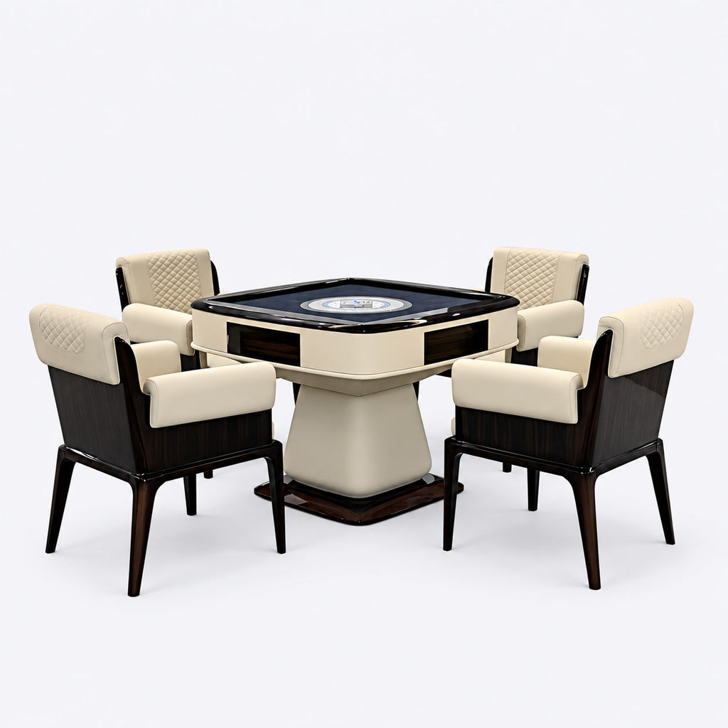 AURAJONG S3 automatic American Mahjong table with four matching cream leather chairs, dark gray play surface, and high-gloss piano lacquer trim.
