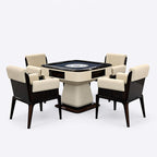 AURAJONG S3 automatic American Mahjong table with four matching cream leather chairs, dark gray play surface, and high-gloss piano lacquer trim.