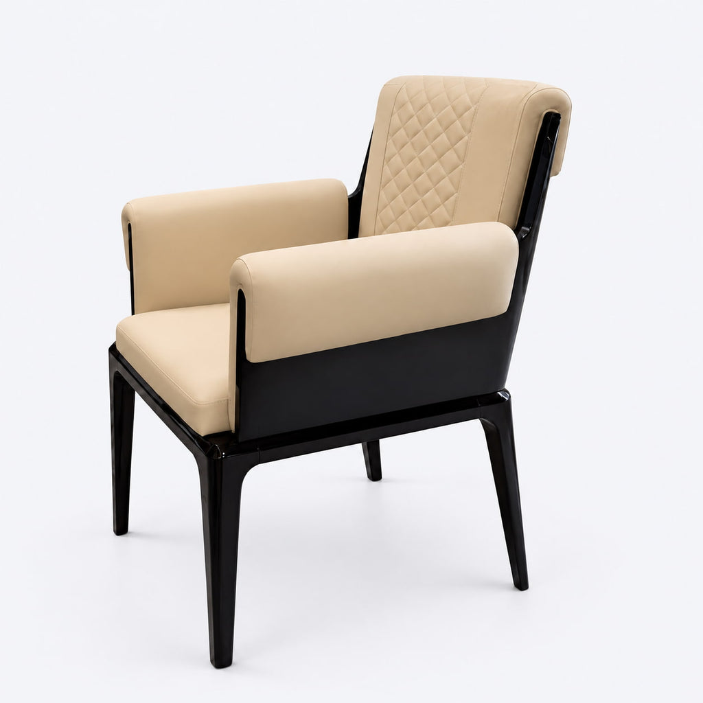AURAJONG S3 matching Mahjong chair upholstered in cream leather with quilted backrest detailing and a high-gloss dark frame.
