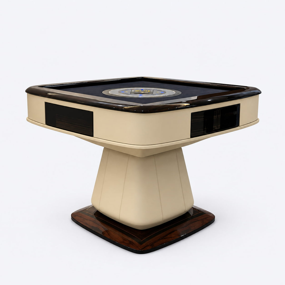 AURAJONG S3 luxury automatic American Mahjong table wrapped in cream top-grain leather with a high-gloss piano lacquer frame and dark gray play surface.