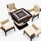 Top view of the AURAJONG S3 automatic American Mahjong table with a dark gray play surface, pink Mahjong tiles, cream top-grain leather, and piano lacquer frame.