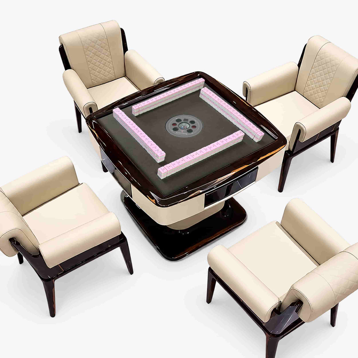 Top view of the AURAJONG S3 automatic American Mahjong table with a dark gray play surface, pink Mahjong tiles, cream top-grain leather, and piano lacquer frame.