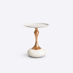 AURAJONG luxury side table with a white round top, gold pedestal, and glossy white sculptural base.