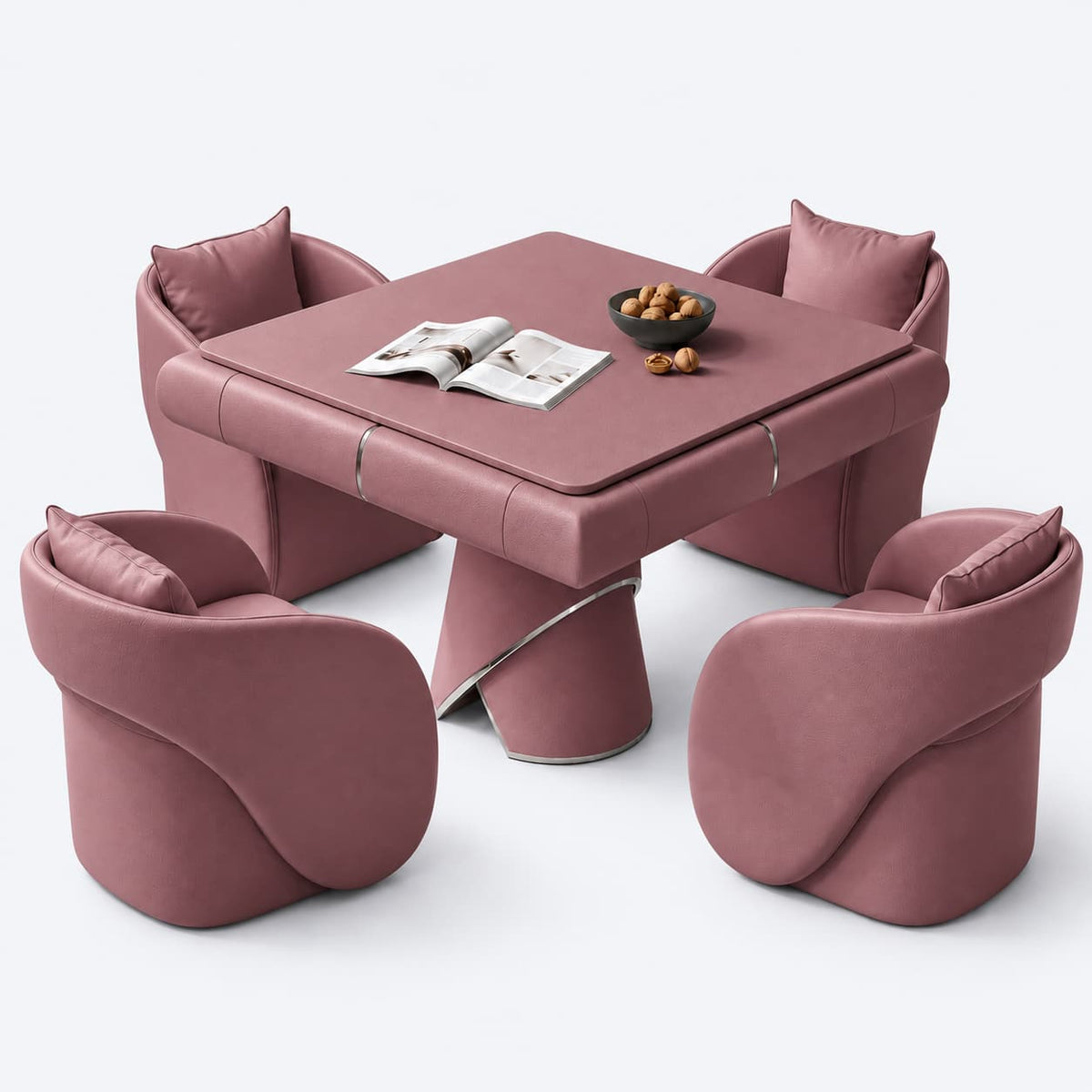 AURAJONG S4 automatic American Mahjong table with dining cover and four matching chairs in dusty pink.