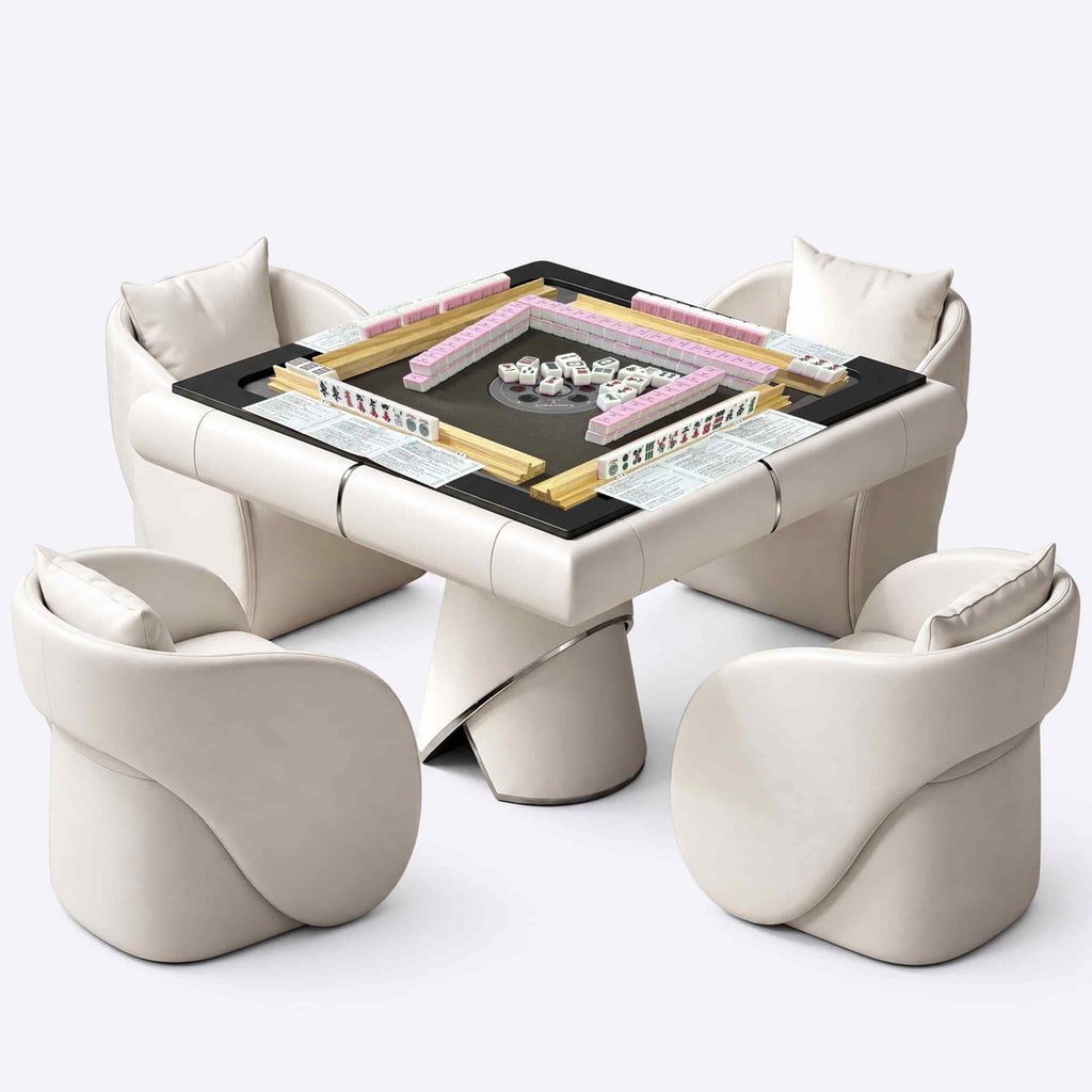 AURAJONG S4 automatic American Mahjong table in ivory with gray play surface, Sightline Racks, NMJL cards, and pink American Mahjong tiles.