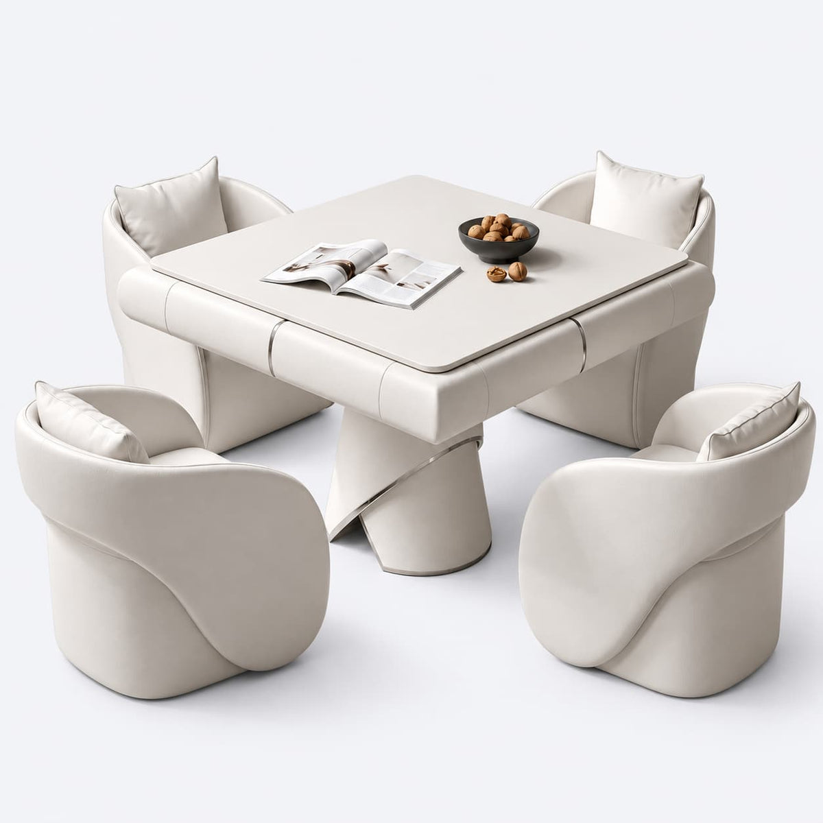 AURAJONG S4 automatic American Mahjong table with dining cover and four matching chairs in ivory.