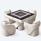 AURAJONG S4 automatic American Mahjong table in ivory with a gray play surface and pink American Mahjong tiles.