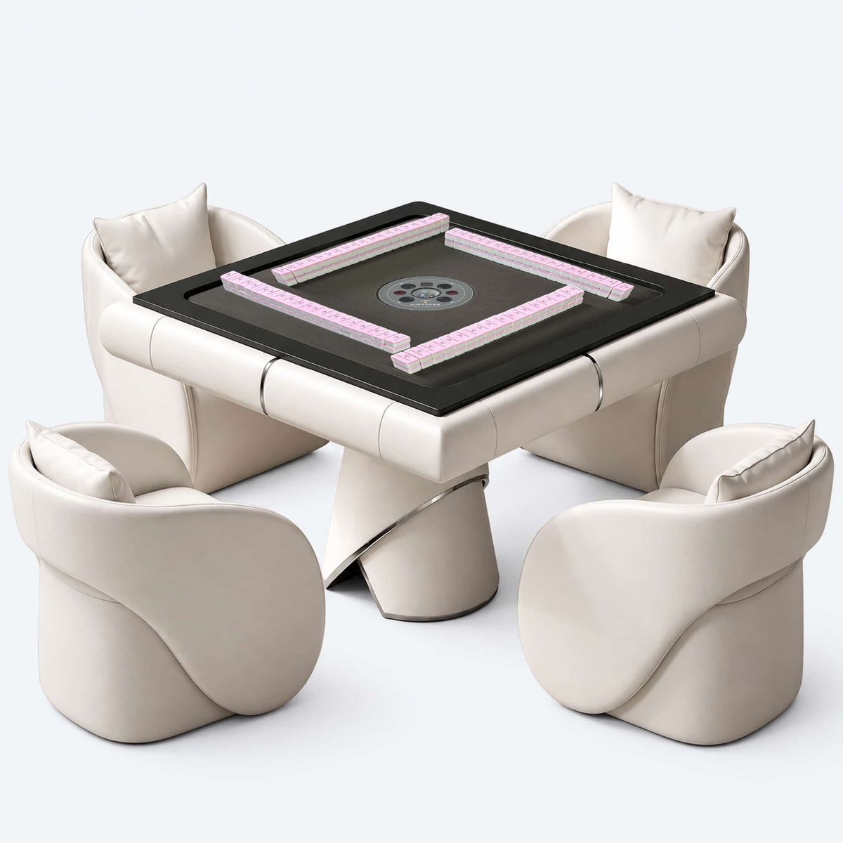 AURAJONG S4 automatic American Mahjong table in ivory with a gray play surface and pink American Mahjong tiles.