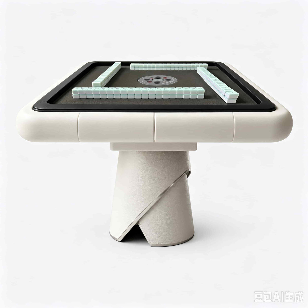 Front view of the AURAJONG S4 automatic American Mahjong table in ivory with grey play surface and American Mahjong tiles.