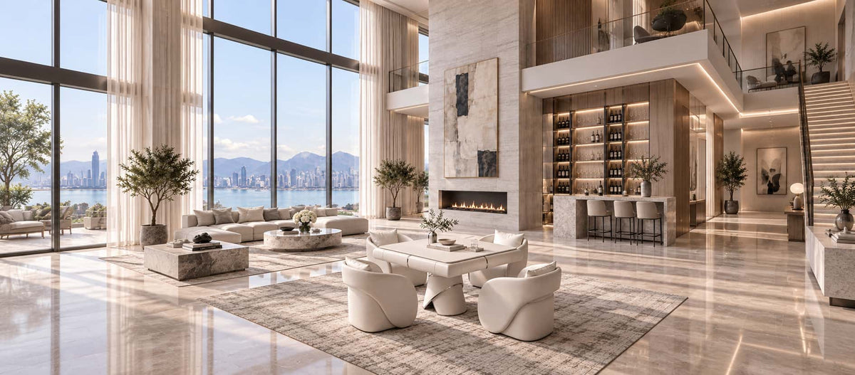 AURAJONG S4 luxury automatic American Mahjong table in a modern game room with sculptural ivory seating and a light cool-toned interior.