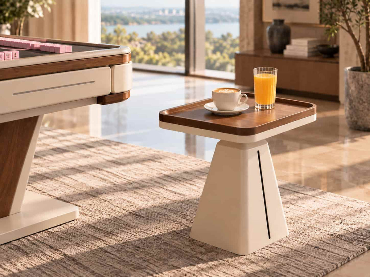 AURAJONG side table with coffee and orange juice beside an automatic American Mahjong table in a modern luxury interior