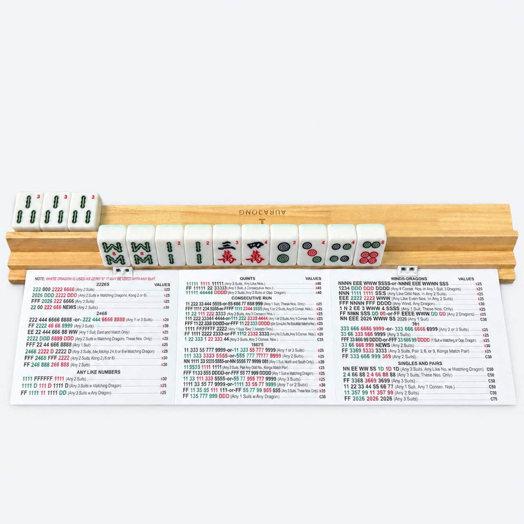 Front view of the AURAJONG Sightline Rack holding an NMJL card with American Mahjong tiles arranged in front.