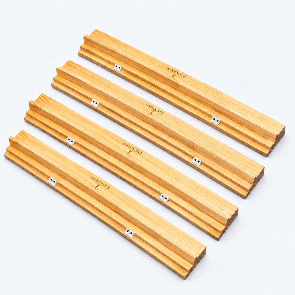 Set of four AURAJONG wooden Sightline Racks designed for American Mahjong with integrated NMJL card holders.