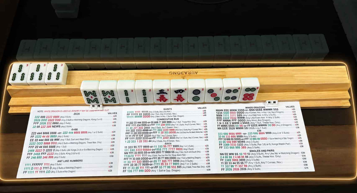 AURAJONG Sightline Rack keeping American Mahjong tiles and the NMJL card within the same natural field of view