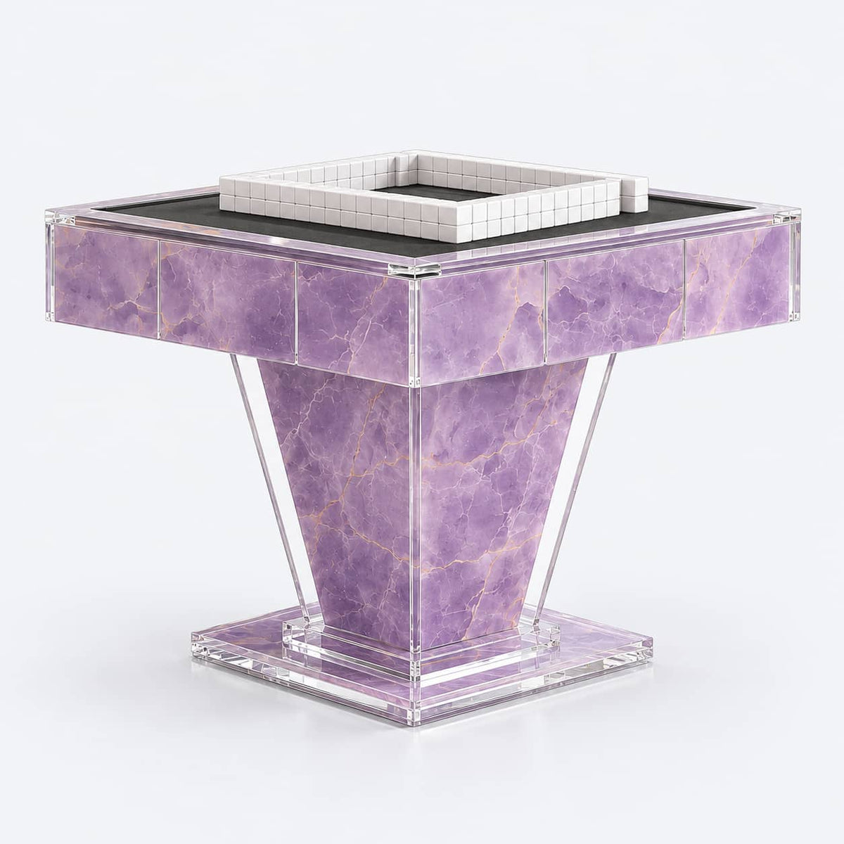 AURAJONG T1 automatic American Mahjong table in amethyst purple sintered stone with clear acrylic framing and a black playing surface