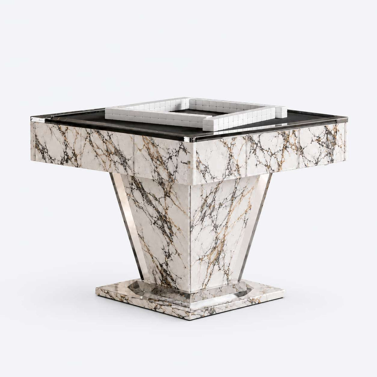 AURAJONG T1 automatic American Mahjong table crafted from clear acrylic and white Calacatta-style sintered stone with black and gold veining