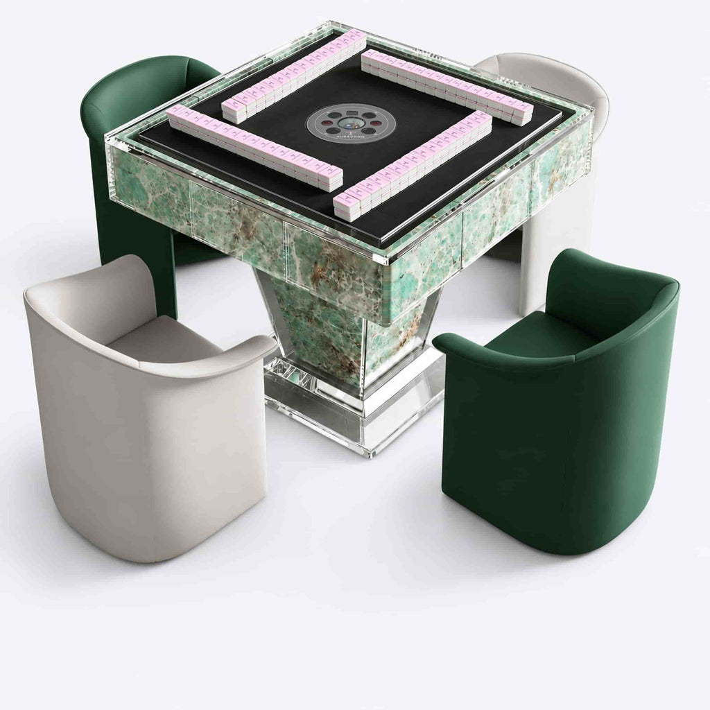 AURAJONG T1 green sintered stone automatic American Mahjong table with clear acrylic details, pink Mahjong tiles, and four upholstered chairs