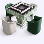 AURAJONG T1 green sintered stone automatic American Mahjong table with clear acrylic details, pink Mahjong tiles, and four upholstered chairs