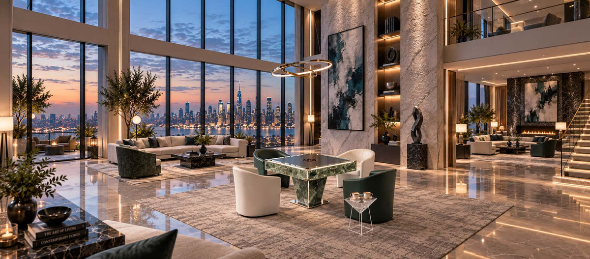 AURAJONG T1 luxury automatic American Mahjong table in a high-end penthouse interior with sculptural seating and expansive city views.