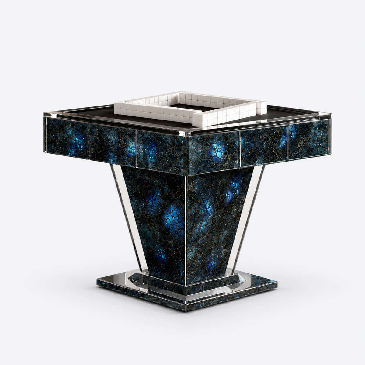 AURAJONG T1 luxury automatic American Mahjong table in midnight blue sintered stone and clear acrylic with a black playing surface
