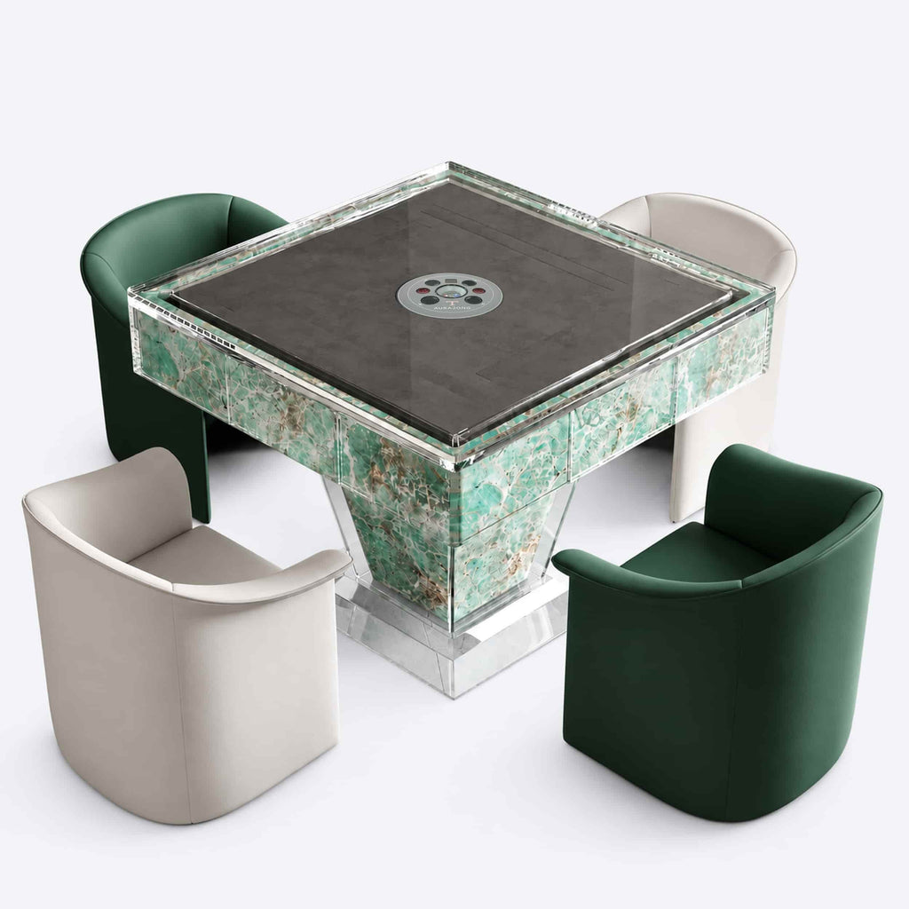 AURAJONG T1 automatic American Mahjong table in green sintered stone and clear acrylic with four green and ivory upholstered chairs