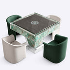 AURAJONG T1 automatic American Mahjong table in green sintered stone and clear acrylic with four green and ivory upholstered chairs