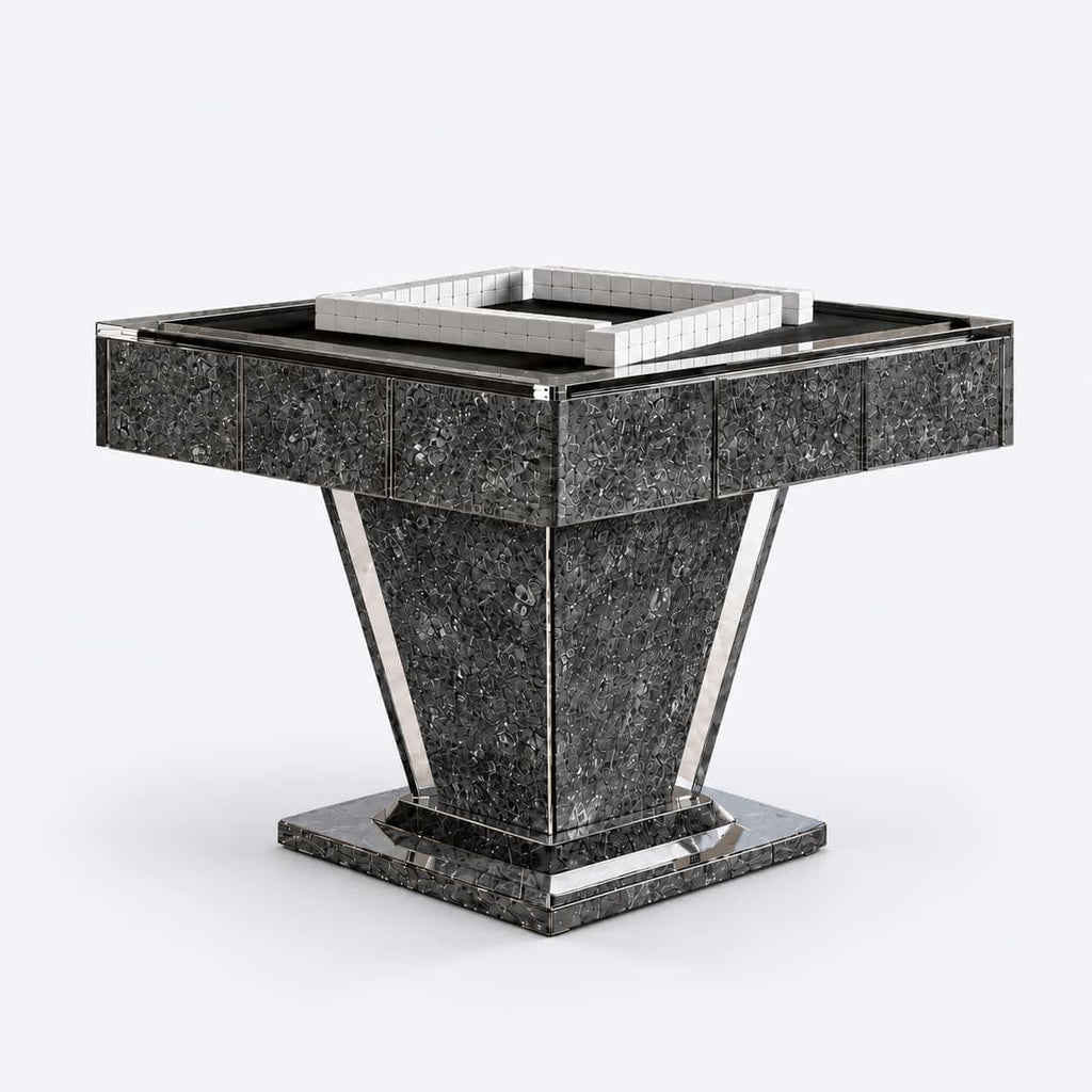 AURAJONG T1 automatic American Mahjong table in obsidian black sintered stone with clear acrylic details and a sculptural pedestal base
