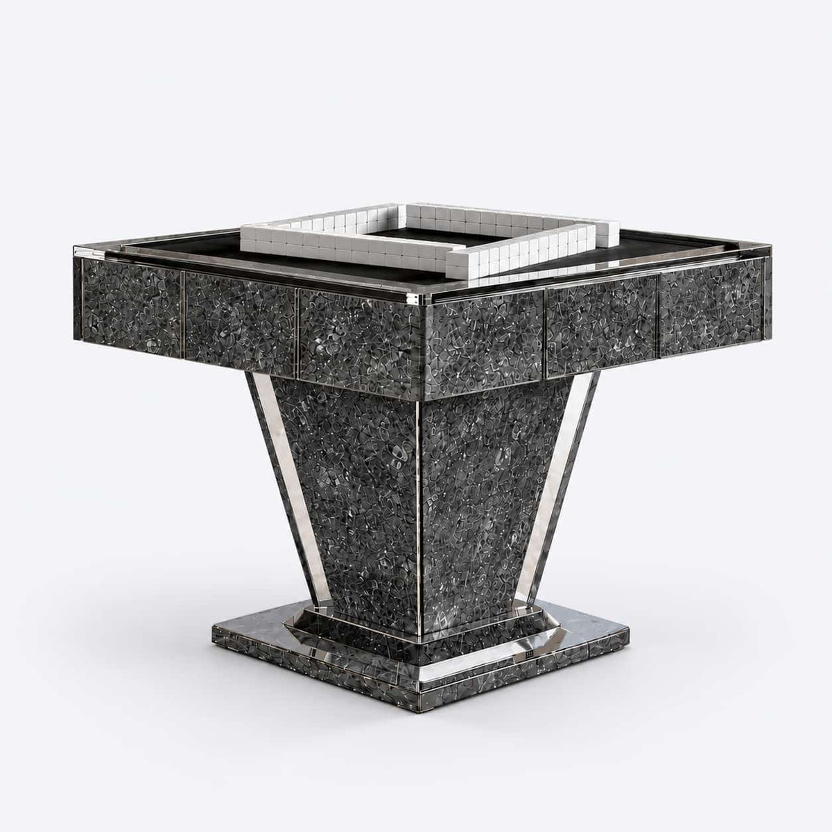 AURAJONG T1 automatic American Mahjong table in obsidian black sintered stone with clear acrylic details and a sculptural pedestal base