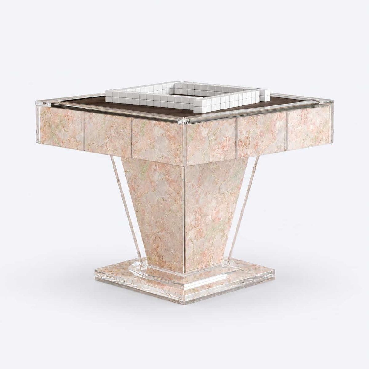 AURAJONG T1 luxury automatic American Mahjong table in rose quartz sintered stone and clear acrylic with a dark playing surface