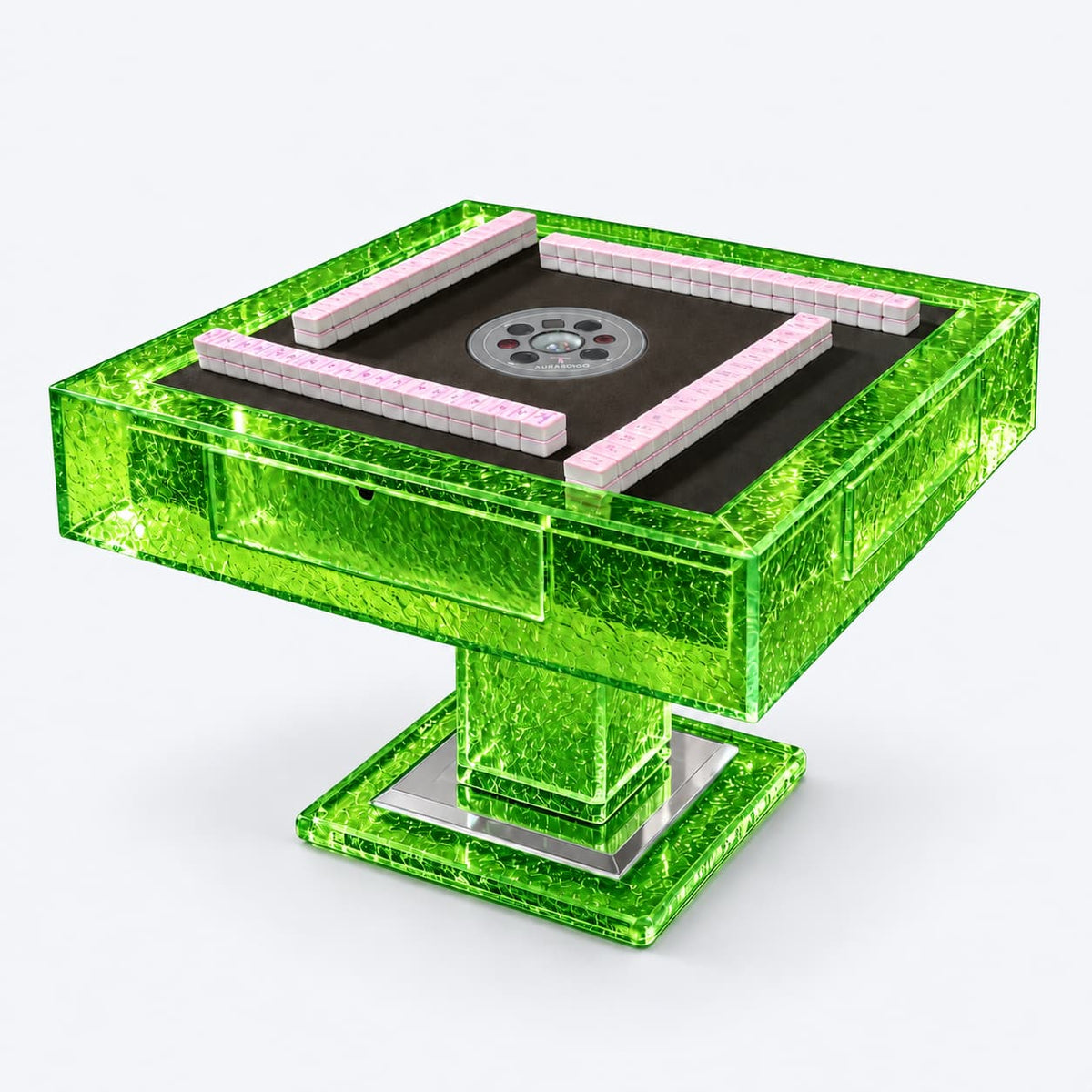 AURAJONG T2 automatic American Mahjong table in translucent green acrylic with a dark playing surface and pink Mahjong tiles