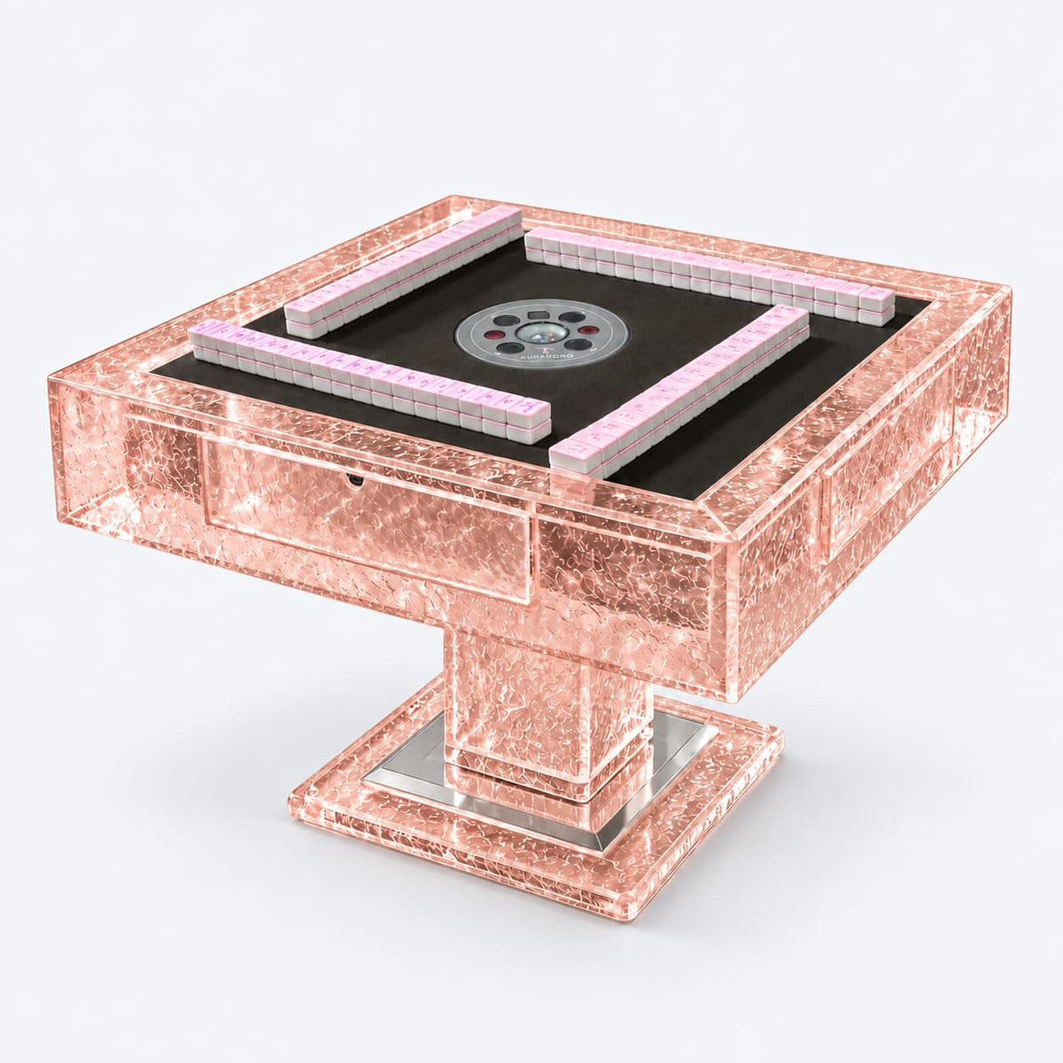 AURAJONG T2 automatic American Mahjong table in translucent peach acrylic with a dark playing surface and pink Mahjong tiles