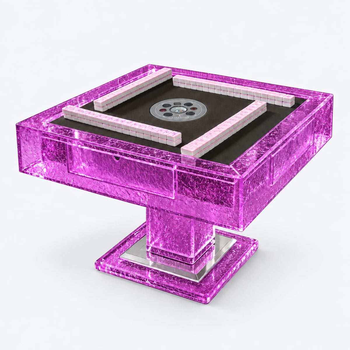 AURAJONG T2 automatic American Mahjong table crafted from translucent purple acrylic with a dark playing surface and pink Mahjong tiles
