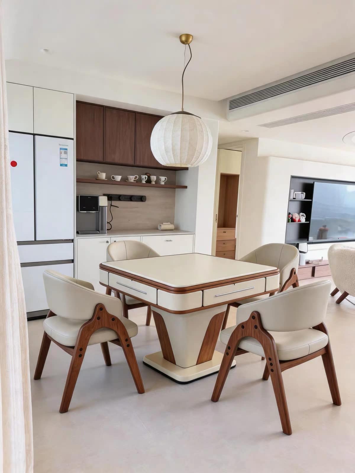 AURAJONG R2 automatic American Mahjong table in a bright modern home interior with four upholstered chairs and walnut accents