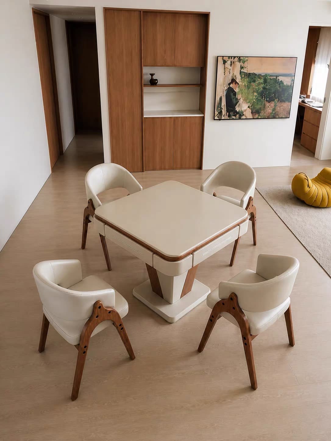 AURAJONG R2 automatic American Mahjong table with dining cover in a modern home interior with four upholstered chairs