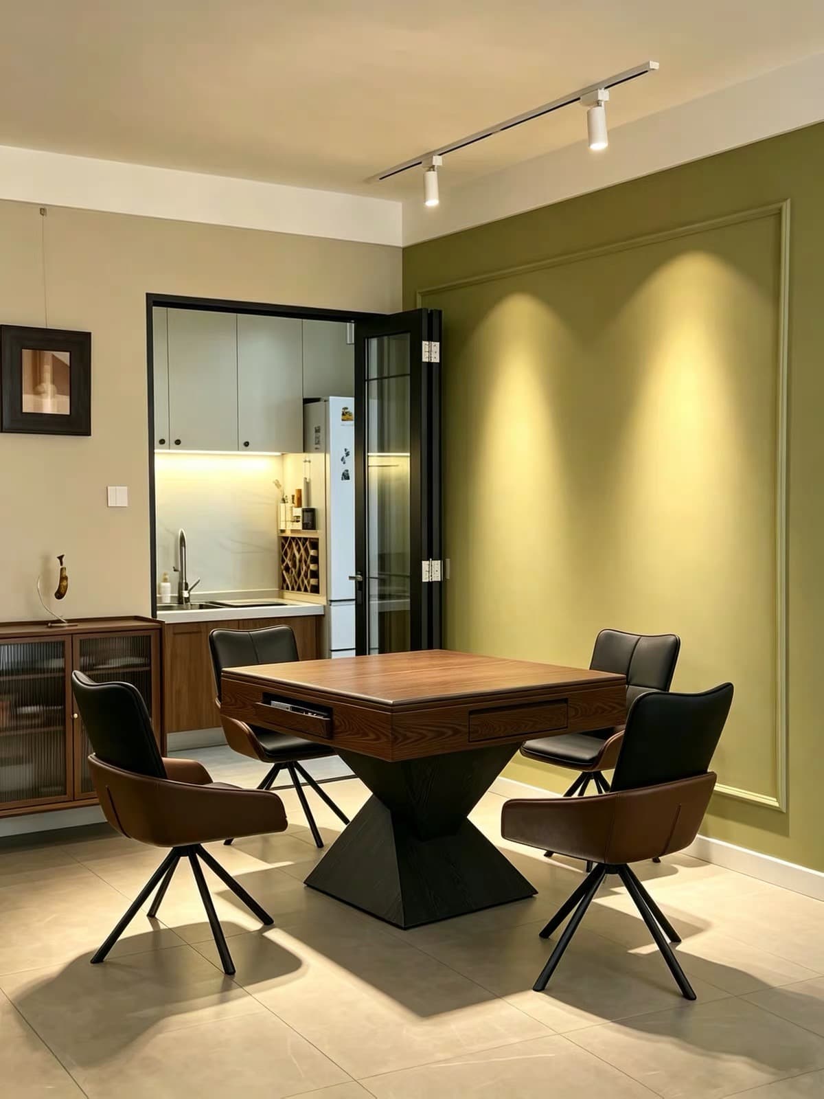 AURAJONG R3 automatic American Mahjong table in a modern dining area with a walnut finish, black pedestal base, and four black chairs