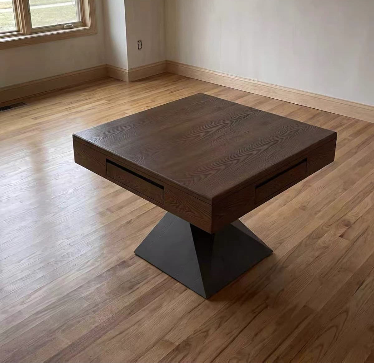 AURAJONG R3 automatic American Mahjong table with walnut finish and black pedestal base in a real home interior