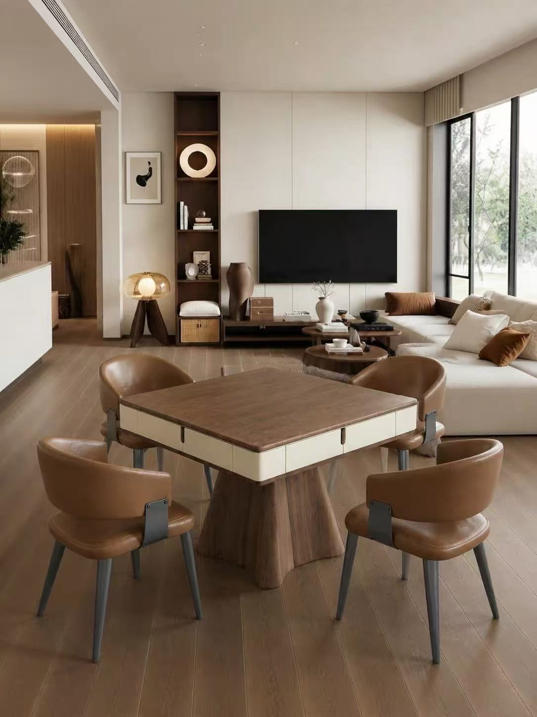 AURAJONG R4 automatic American Mahjong table in a modern living room with walnut finish and four brown leather chairs